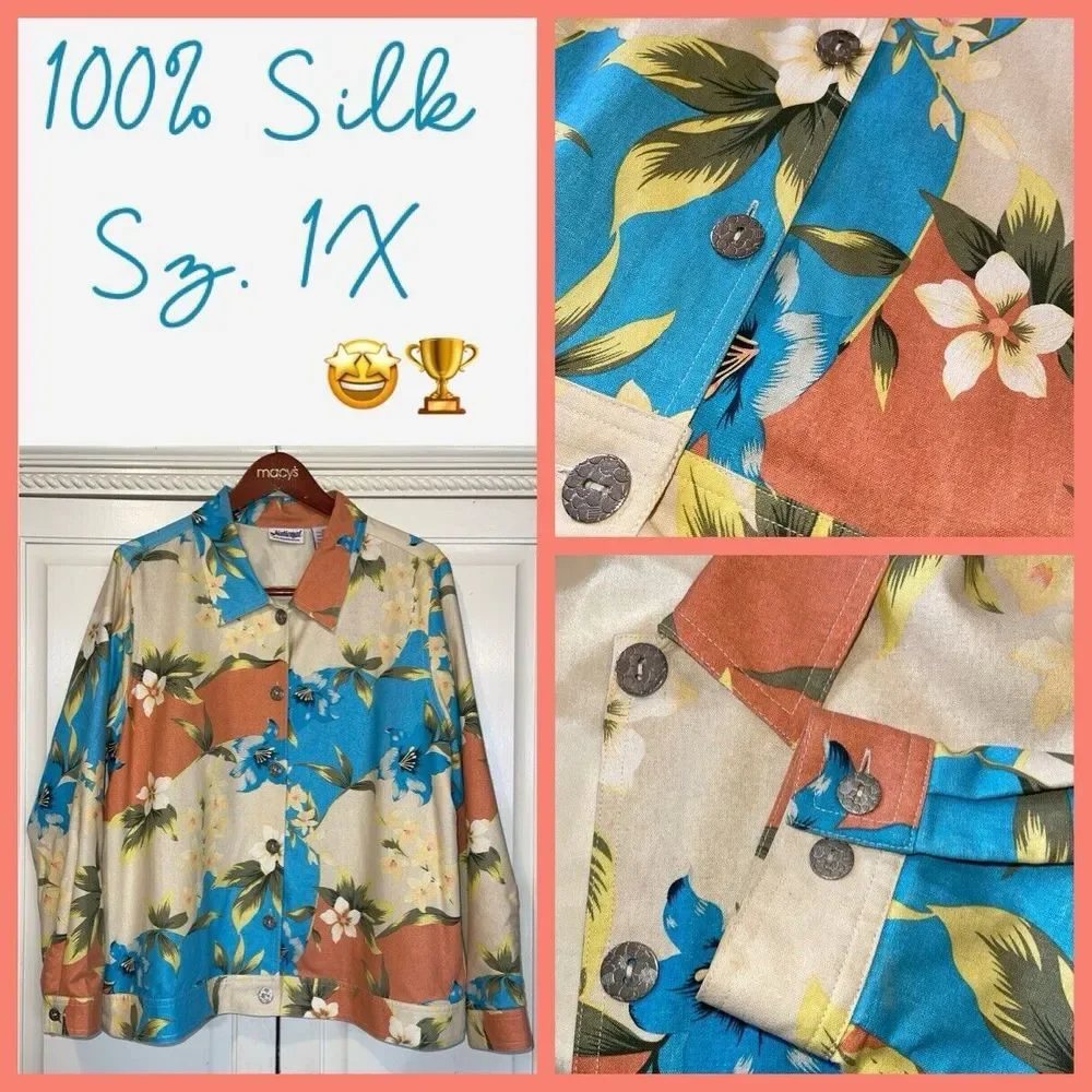 National‎ Jacket Women 1X Hawaiian Floral Tropical 100% Silk Lightweight Lined